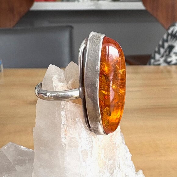 Large Amber & Sterling Silver Statement Ring Artisan Handmade Size 8 - Picture 11 of 16